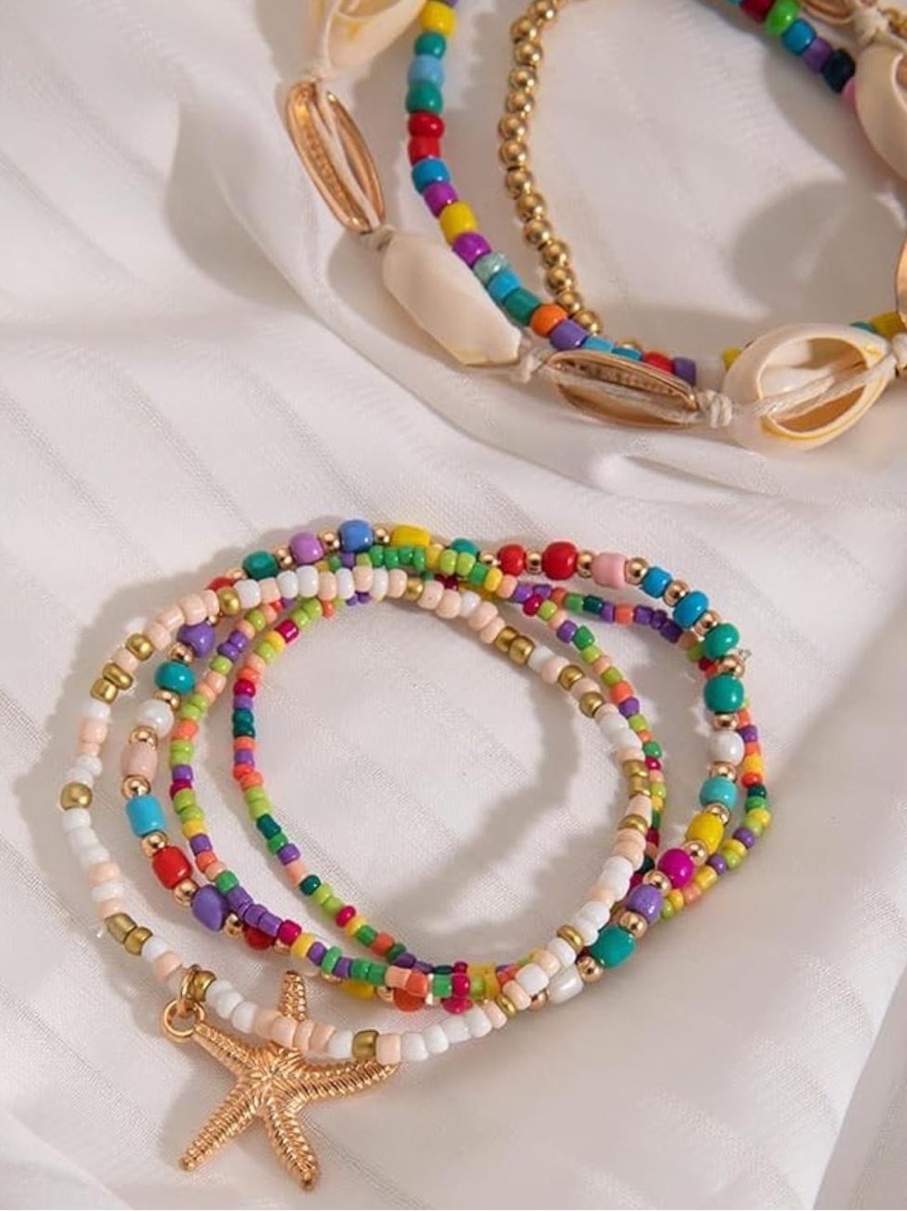 Anthropologie Gold and Multi Beaded Shell Anklet with Starfish Charm - Picture 3 of 4